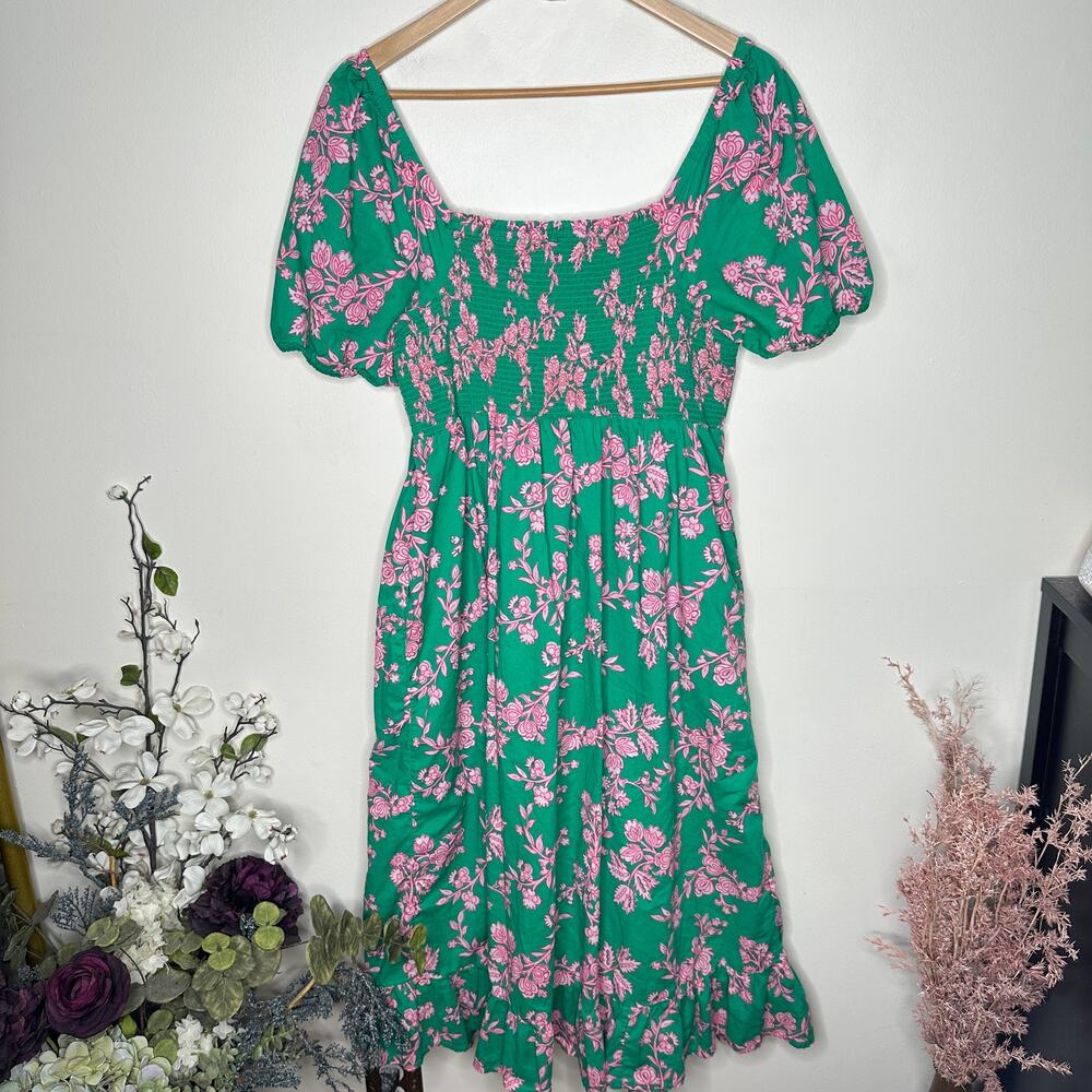 J. CREW Smocked Midi Dress Puff Sleeves Green Pink Floral Sz L {RR22} - Picture 5 of 8